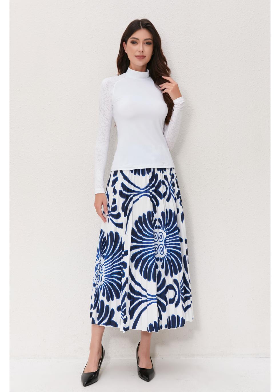 Azure Blossom Pleated Midi Skirt