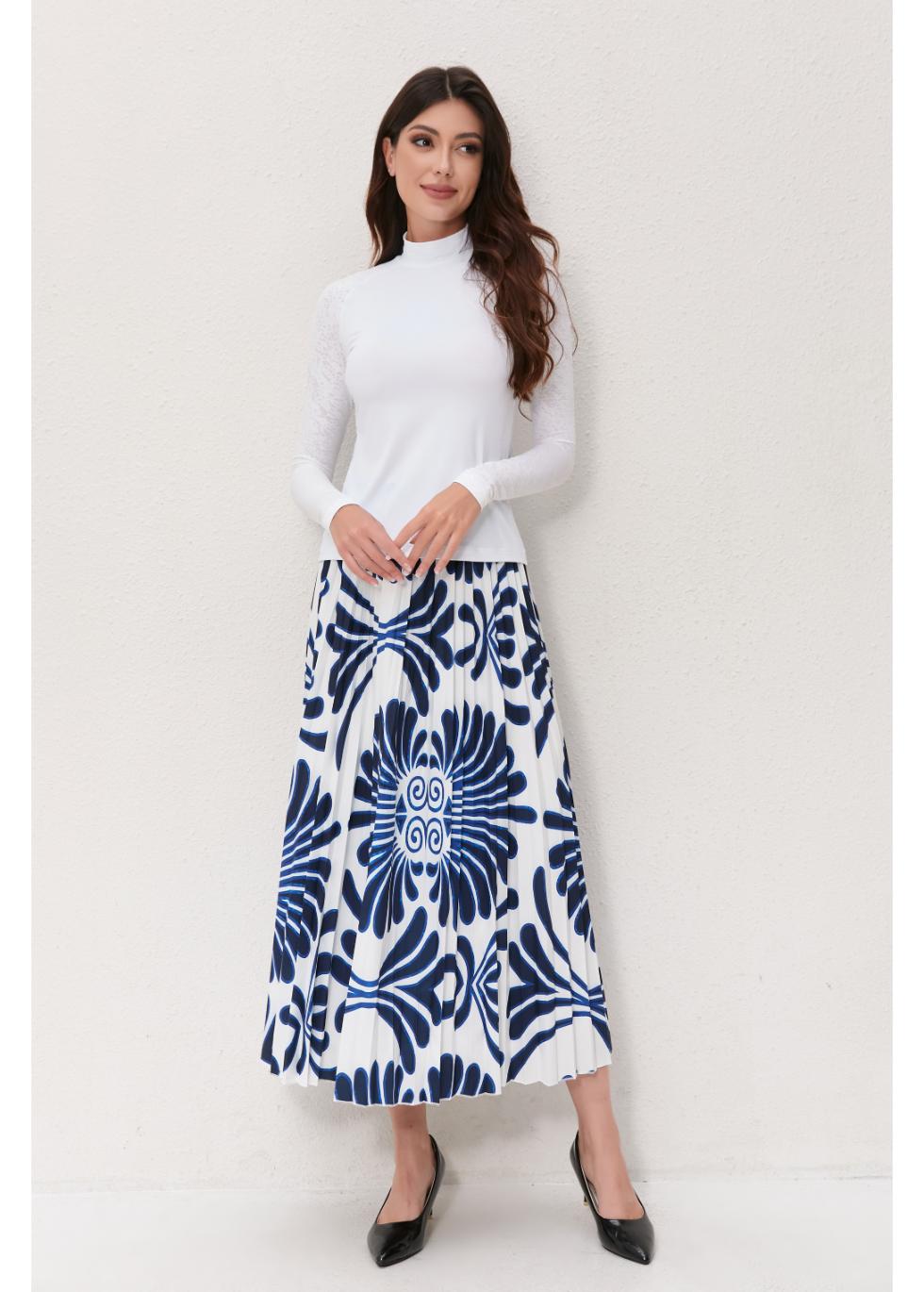 Azure Blossom Pleated Midi Skirt