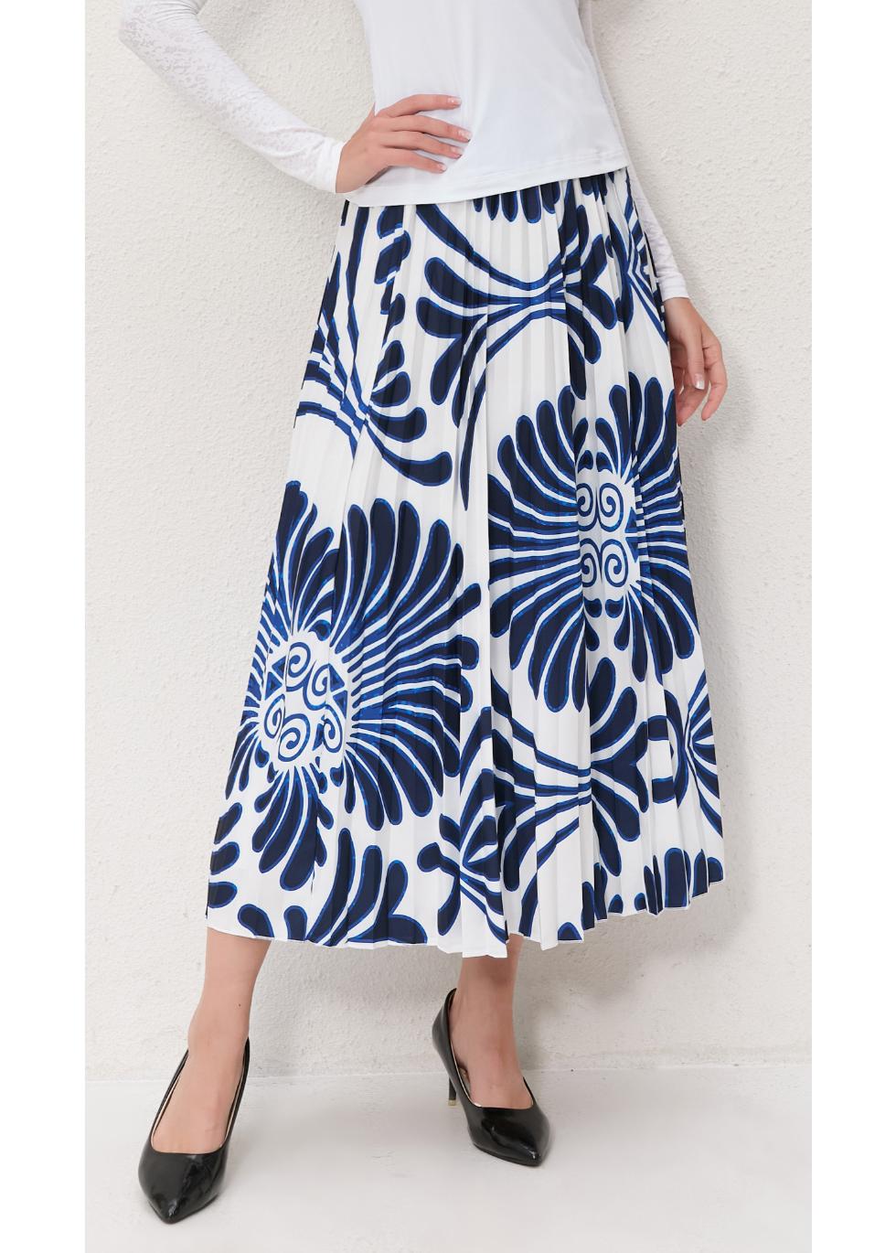 Azure Blossom Pleated Midi Skirt