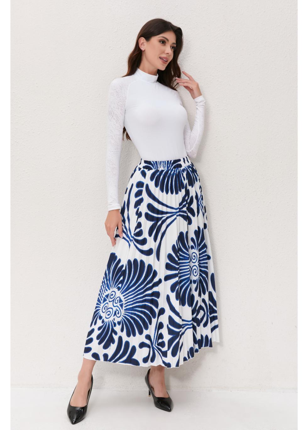 Azure Blossom Pleated Midi Skirt