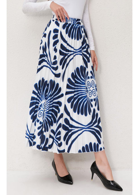 Azure Blossom Pleated Midi Skirt